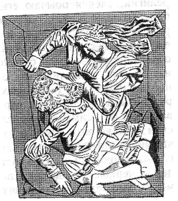 Библейская Дапила срезает Самсону волосы — средоточие
его силы (резьба по дереву, 1527 г.)